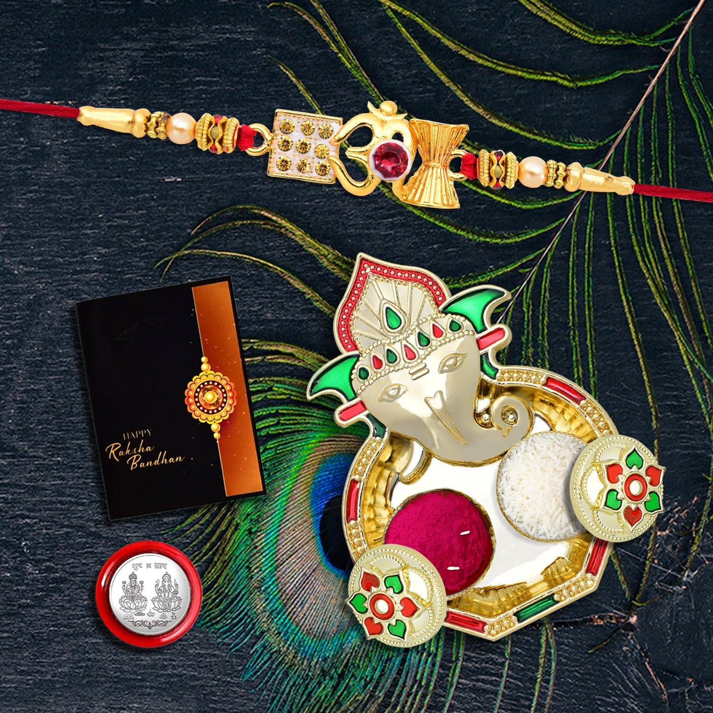 Rakhi For Brother Set Of 1 With Dish Silver Coin Greeting Card Rakhi For Brother And Bhabhi Rakhi With Gift For Brother Rakhi For Kids Rakhi Set Rakhi Combo (K1_412_aa3)
