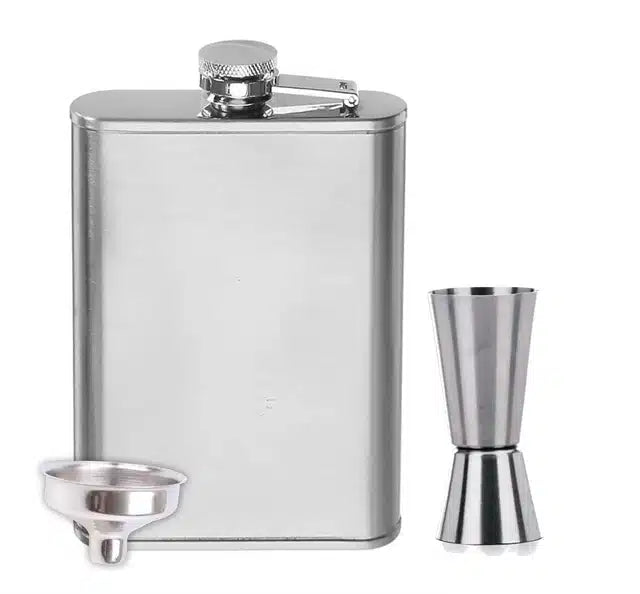 Silver stainless steel pocket liquor hip flask with funnel, designed for easy carrying and discreet storage of beverages.