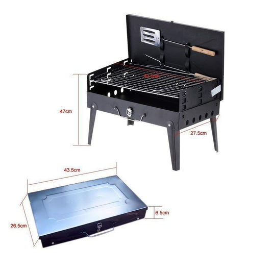 Wukusy 125 stainless steel briefcase-style barbecue grill toaster in black, compact and portable for outdoor cooking and grilling.