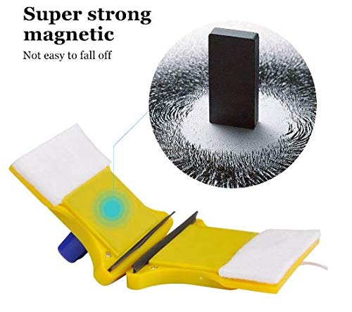 Two-sided magnetic glass window cleaner wiper with plastic handles and strong magnets for easy cleaning of double-faced glass surfaces.