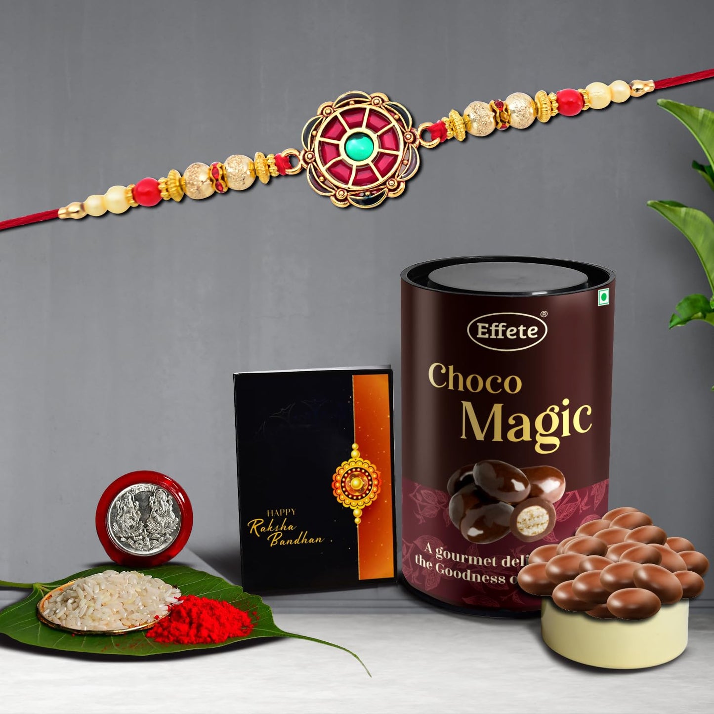 Wukusy Chocolate Magic Rakhi for brother with decorative design, featuring a chocolate-themed rakhi and gift combo.