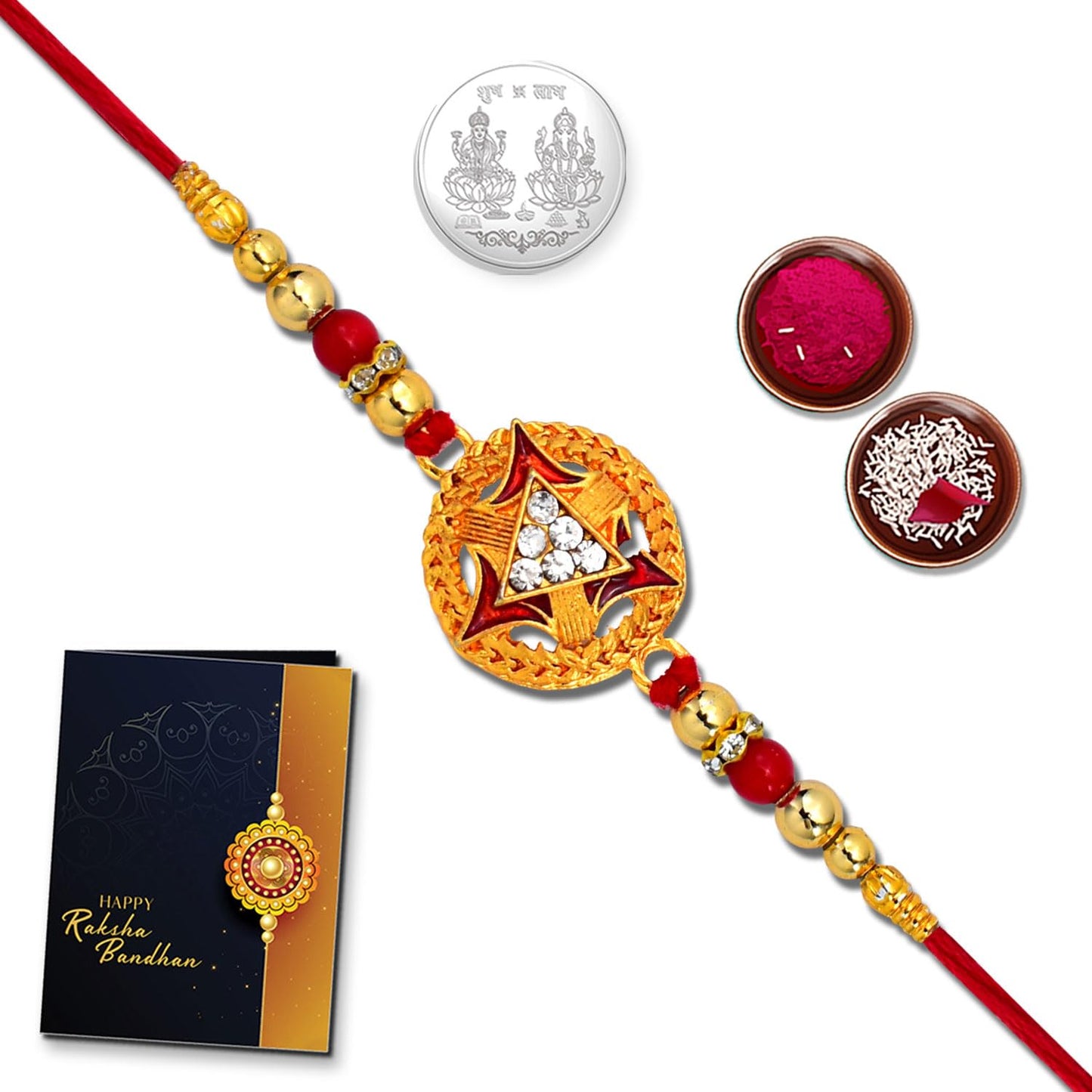Unisex-adult Rakhi Combo With (K1_4) With Pooja Coin Tilak Set Rakhi Card Rakhi For Brother Bhabhi Silver Rakhi For Brother Bhaiya Bhabhi Rakhi Set Chandi Ki Rakhi Set Of 1