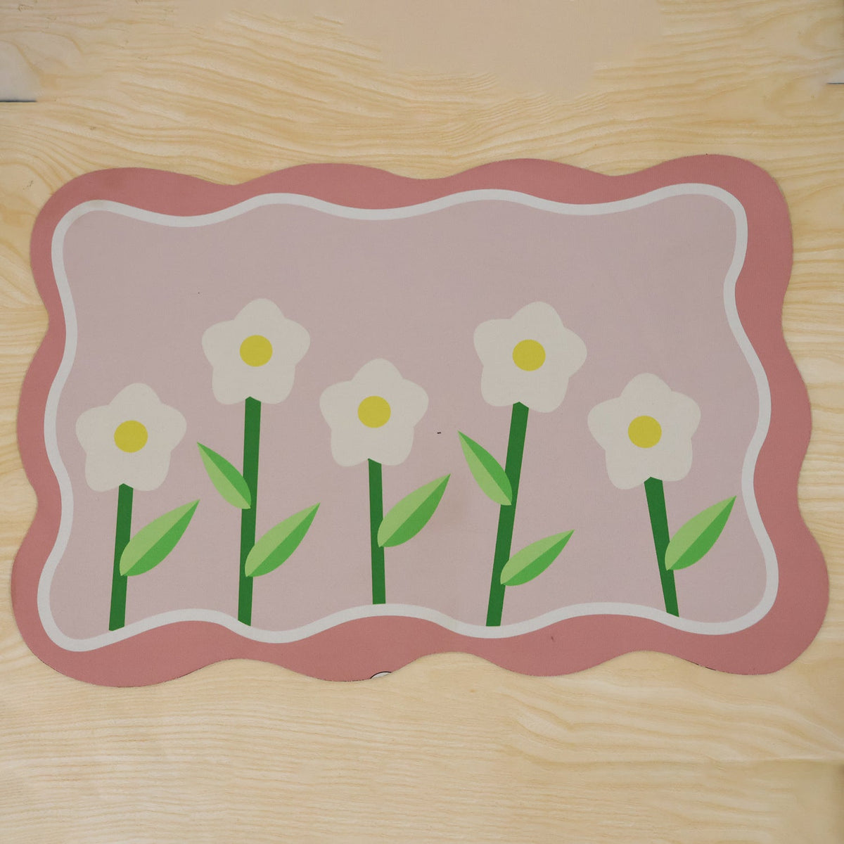 Wukusy decorative floral bathroom floor mat with wavy border design, 59x40 cm, featuring colorful floral patterns on soft fabric.
