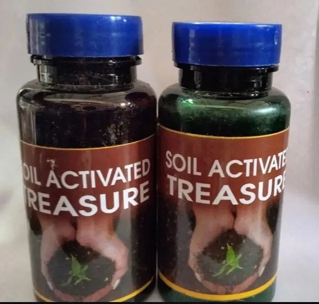 Soil Activated Treasure Premium Soil Activator 200g pack of 2, demonstrating application on garden soil for healthy plant growth.