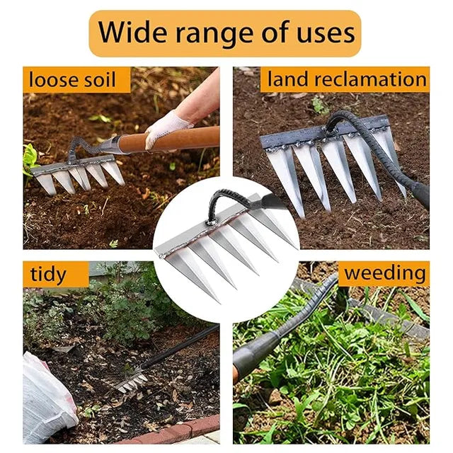 Teeth carbon steel garden weeding hand tool from 25560, designed for removing weeds and cultivating soil in the garden.