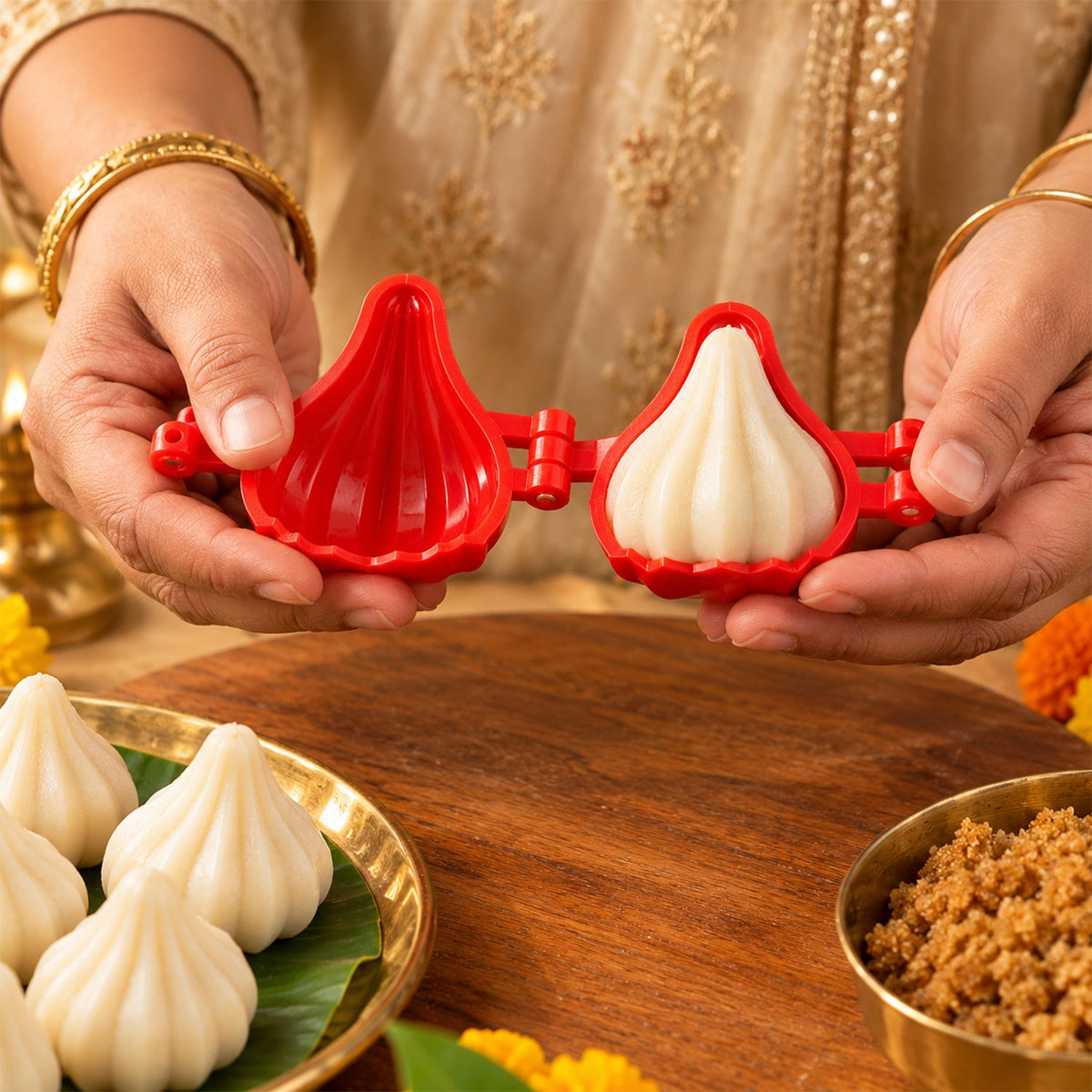 Wukusy plastic modak maker mold set for homemade sweets, Ganesh Chaturthi, includes four pieces for shaping traditional modaks.
