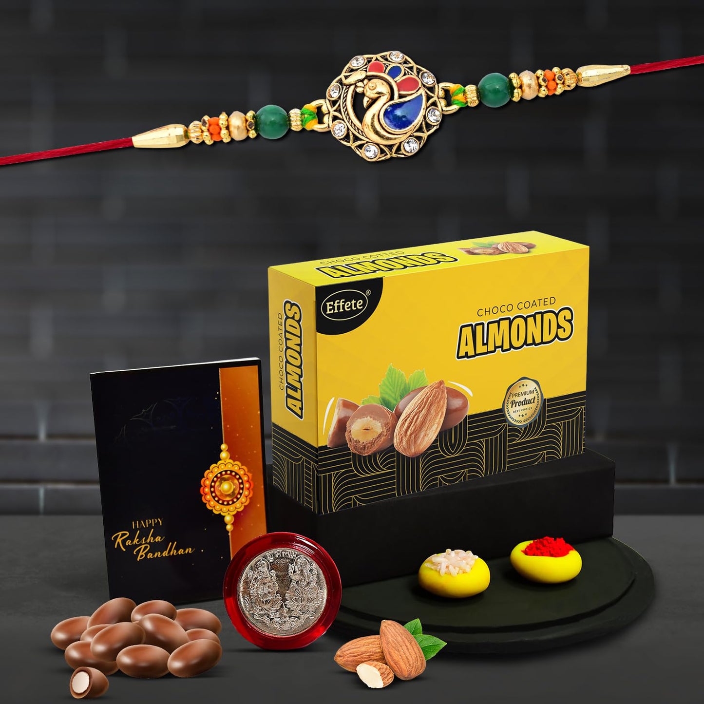 Rakhi Combo (K1_408_ea32) Chocolate Almond 32gm With Pooja Coin Greeting Card Rakhi Gift Hamper Rakhi Combo With Card And Chocolate Chocolates Gift Rakhi Chocolate For Brother Rakhi With Gift Rakhi Set Of 1