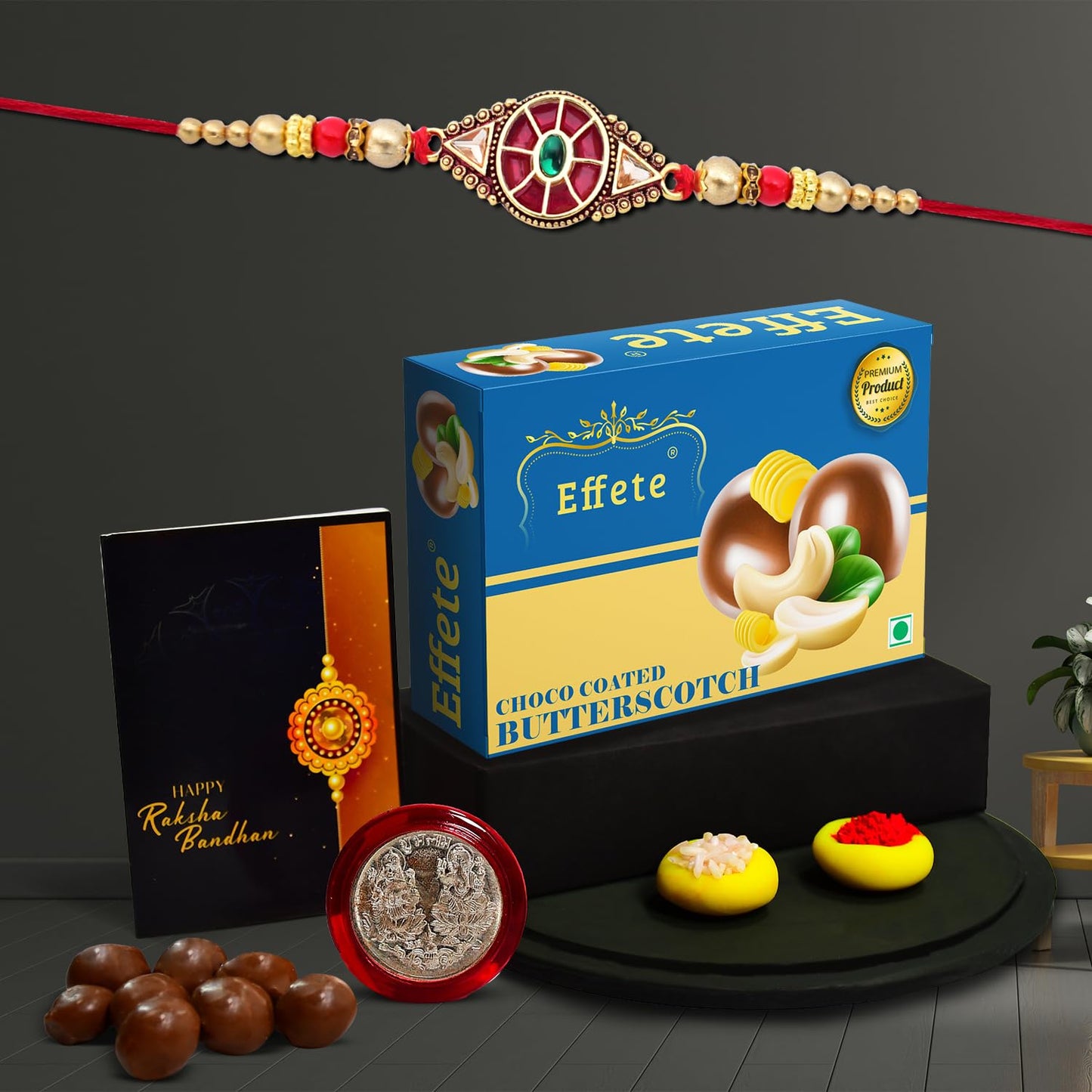 Wukusy Rakhi set with chocolate butter scotch 32g, decorative Rakhi with gift card and chocolates for brother, single Rakhi combo.