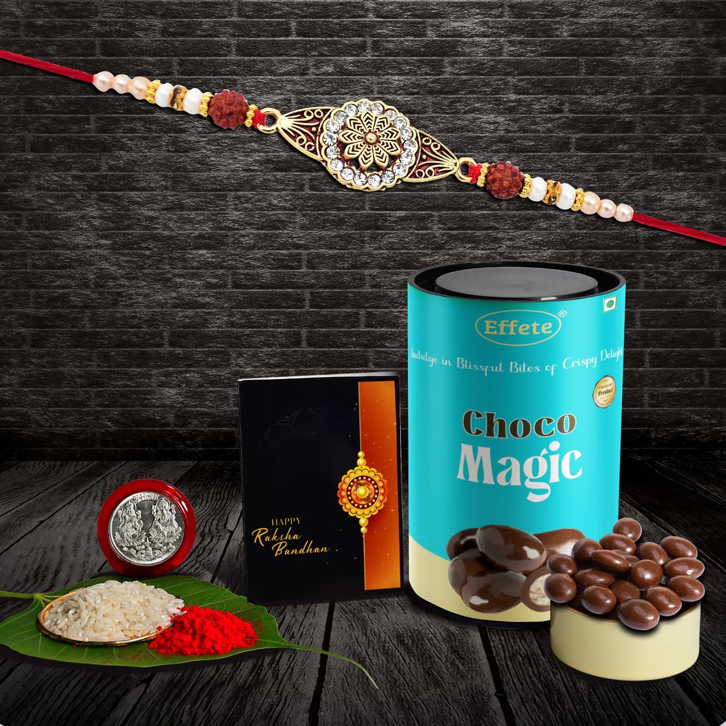 Wukusy Chocolate Magic Rakhi combo with card, chocolates, and gift set for brother featuring a decorative Rakhi and chocolates.