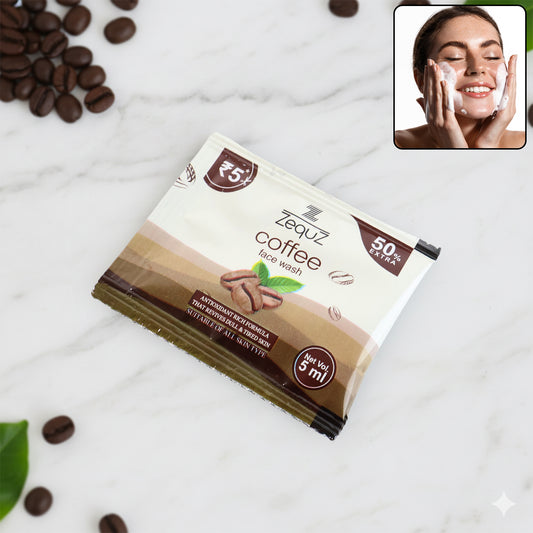 Wukusy Zequz Coffee Face Wash Sachet, 5ml, single packet, showing the sachet with branding and coffee-themed design.