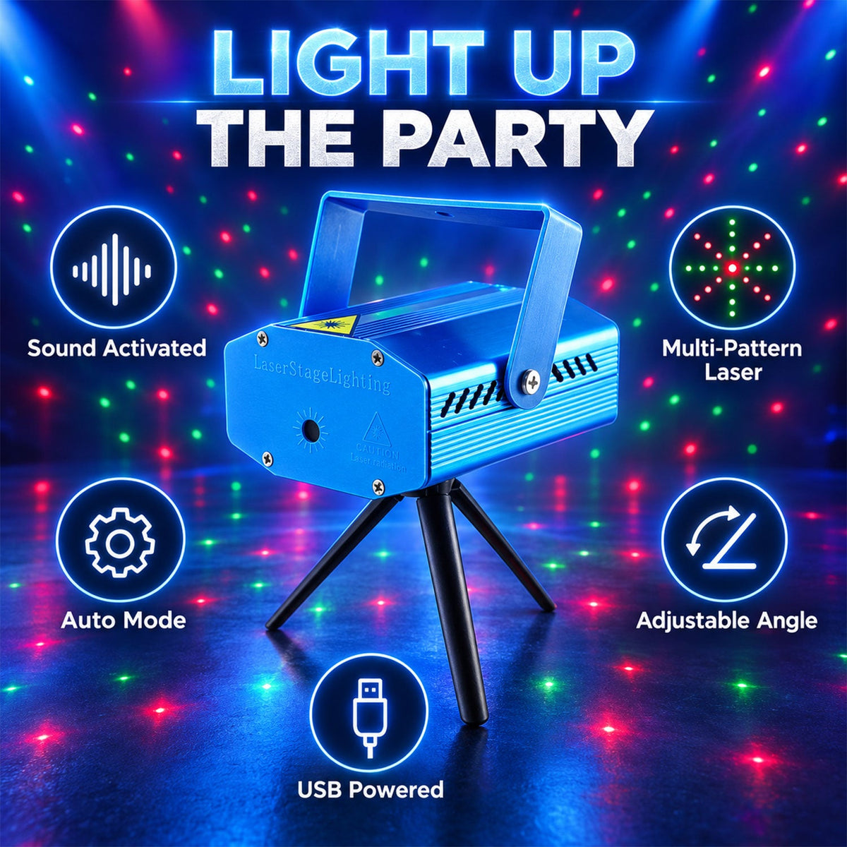 Wukusy sound activated laser dot projector party light with tripod, displaying colorful laser dots on a wall for festive events.