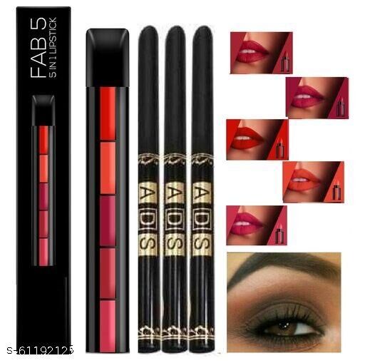 5 IN 1 LIPSTICK PACK OF 1 (RANDOM COLOUR) + A.D.S KAJAL PACK OF 3