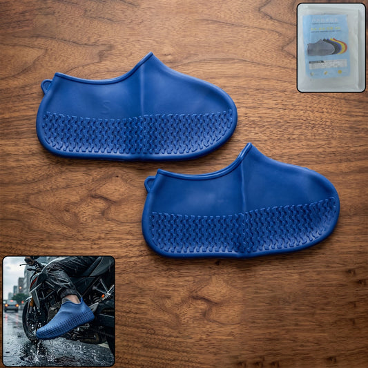 Pair of blue Wukusy reusable waterproof silicone rain shoe covers in small size with non-slip soles, suitable for protecting shoes in wet conditions