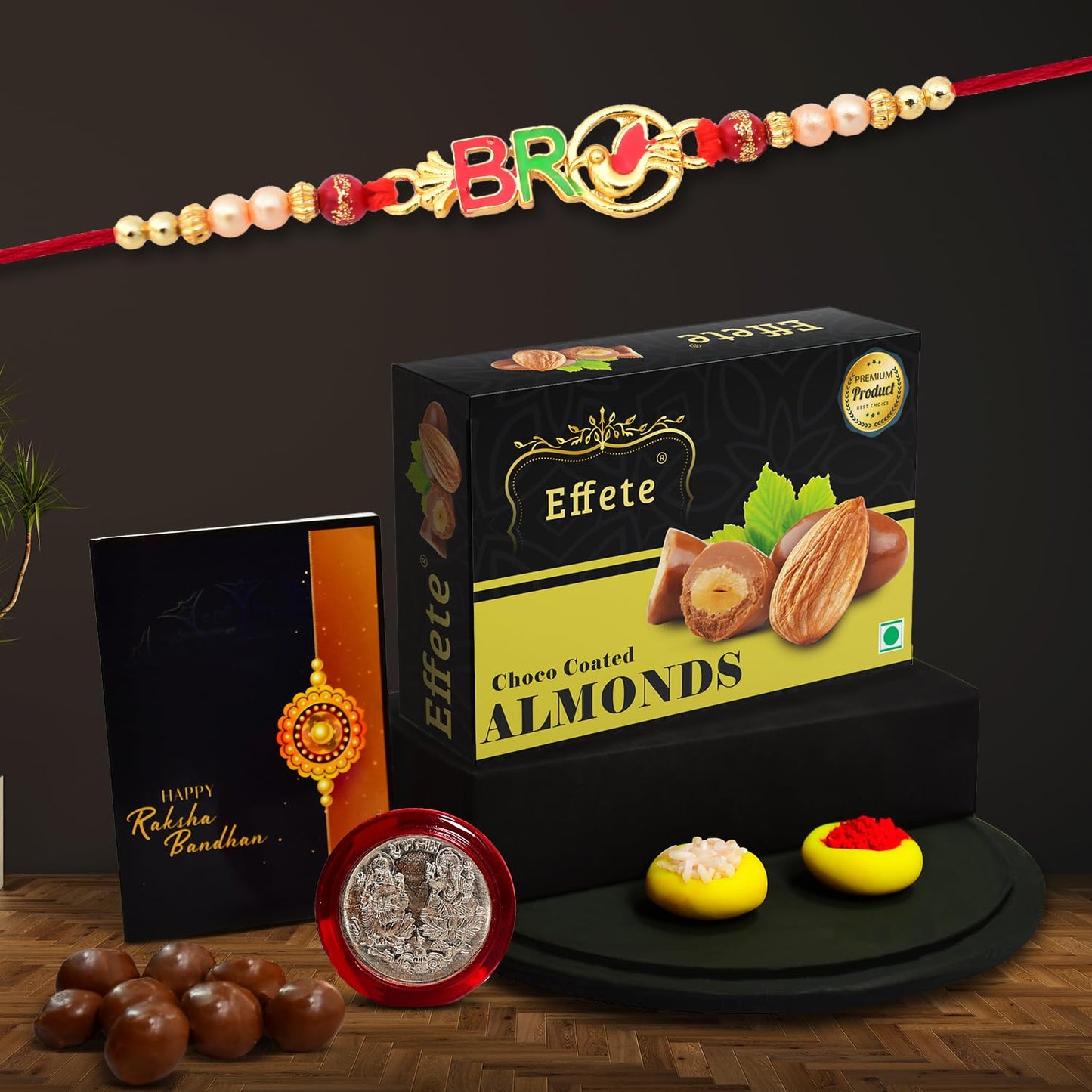 (K1_12_ca32) Rakhi Combo With Chocolate Almonds 32gm Rakhi Chocolate For Brother Rakhi With Chocolate Rakhi With Gift Rakhi Combo Set Of 1 Rakhi Chocolate