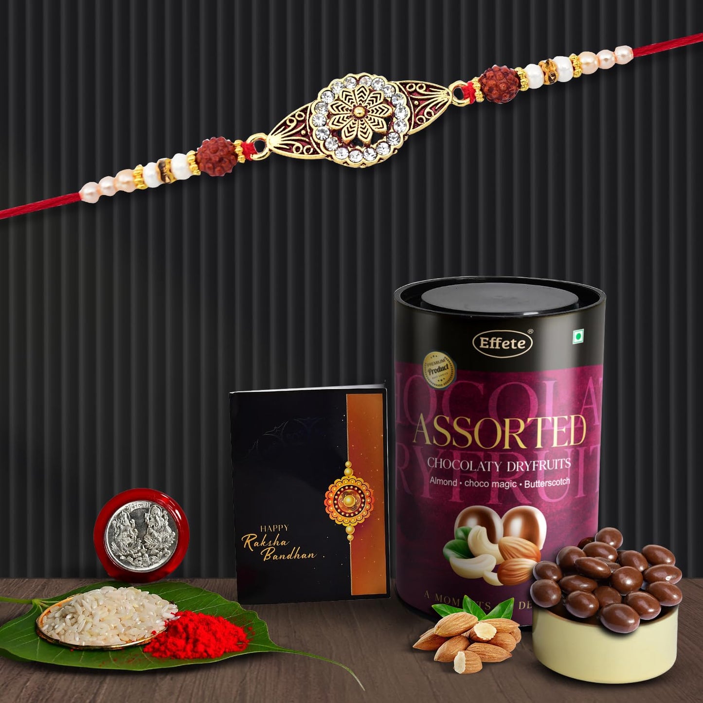 Wukusy handmade Rakhi with assorted chocolate dry fruits, stylish design, and gift set for brother, set of 1 Rakhi.