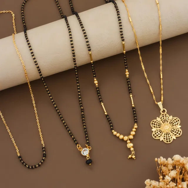Gold women's Mangalsutra combo set with long and short designs, featuring Moti Chen Ladi for elegant traditional jewelry.