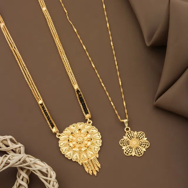 Gold women's mangalsutra set with moti beads, long and short styles, featuring traditional design from 6366 brand.