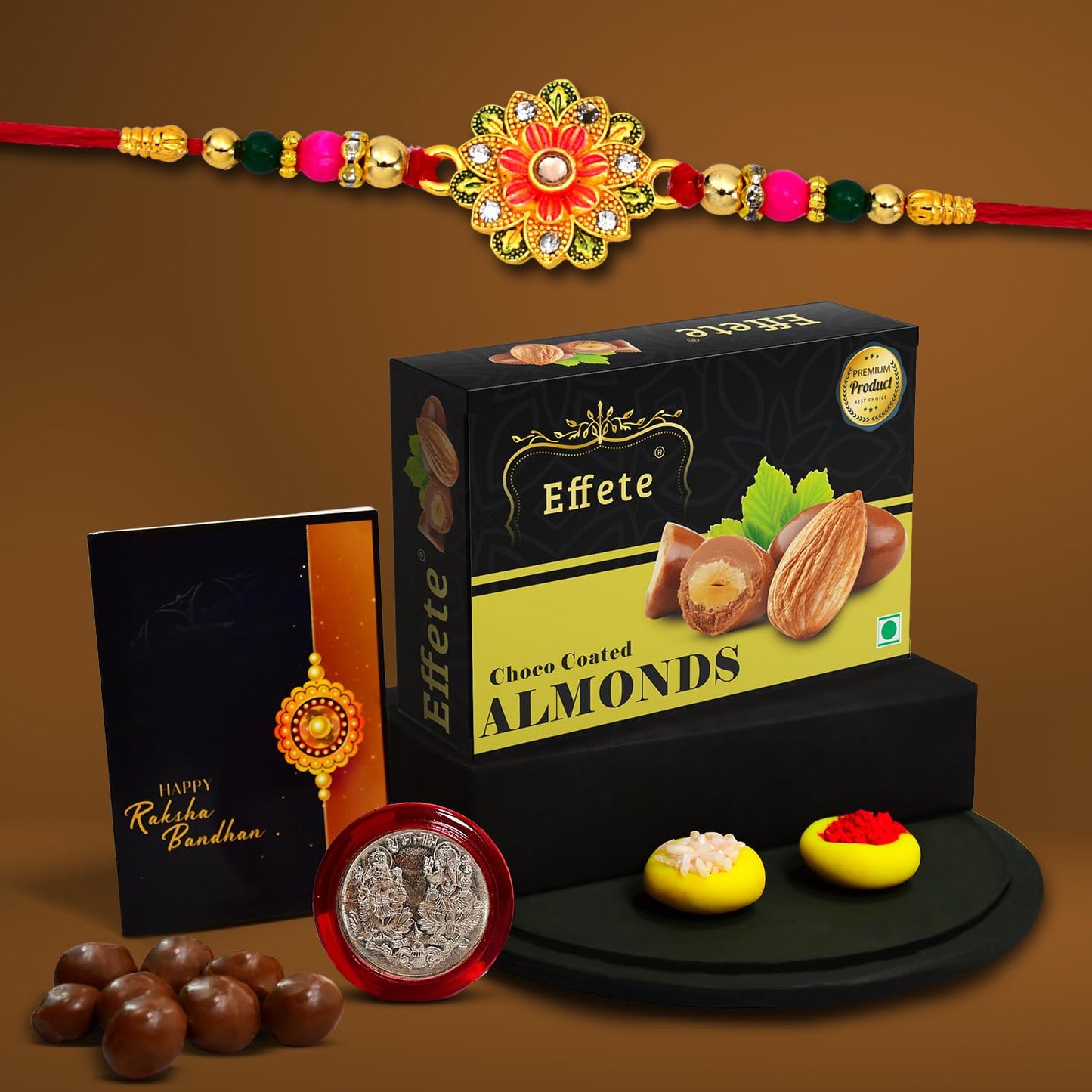 (K1_322_ca32) Rakhi Combo With Chocolate Almonds 32gm Stylish Rakhi For Brother Rakhi Chocolate For Brother Rakhi Brother Rakhi With Gift Handmade Rakhi Set Of 1