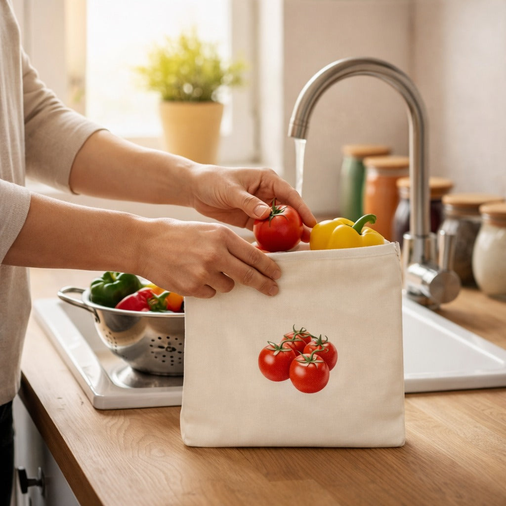 Reusable cotton vegetable storage bags for fridge by Drpshippr, breathable, washable eco-friendly bags for fresh produce. Pack of 2.