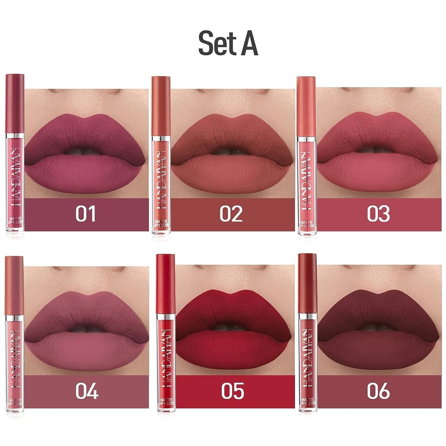 Six-piece Drpshippr liquid matte lipstick set for women, featuring long-lasting, hydrating lip color in various shades.