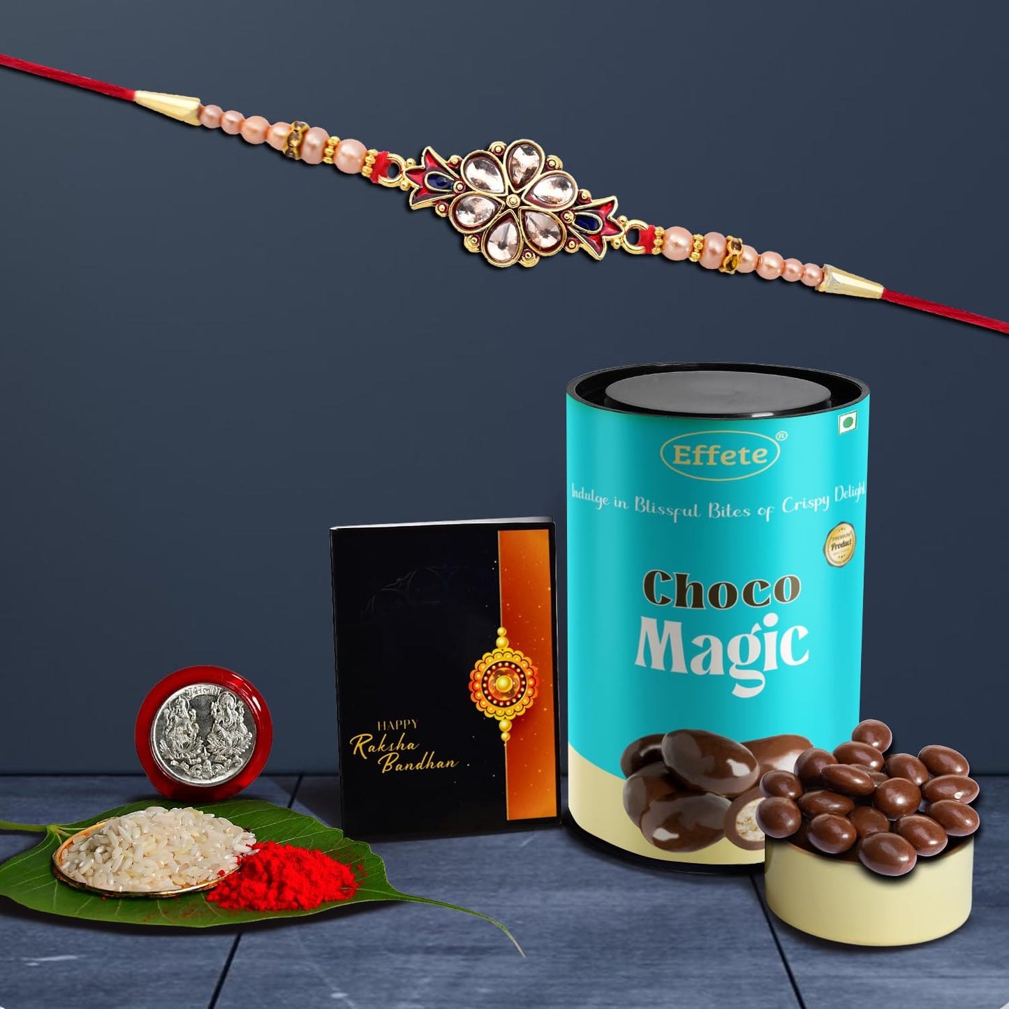 Wukusy Chocolate Magic Rakhi Combo with card and chocolates for brother, includes one decorative Rakhi and sweet gift set.