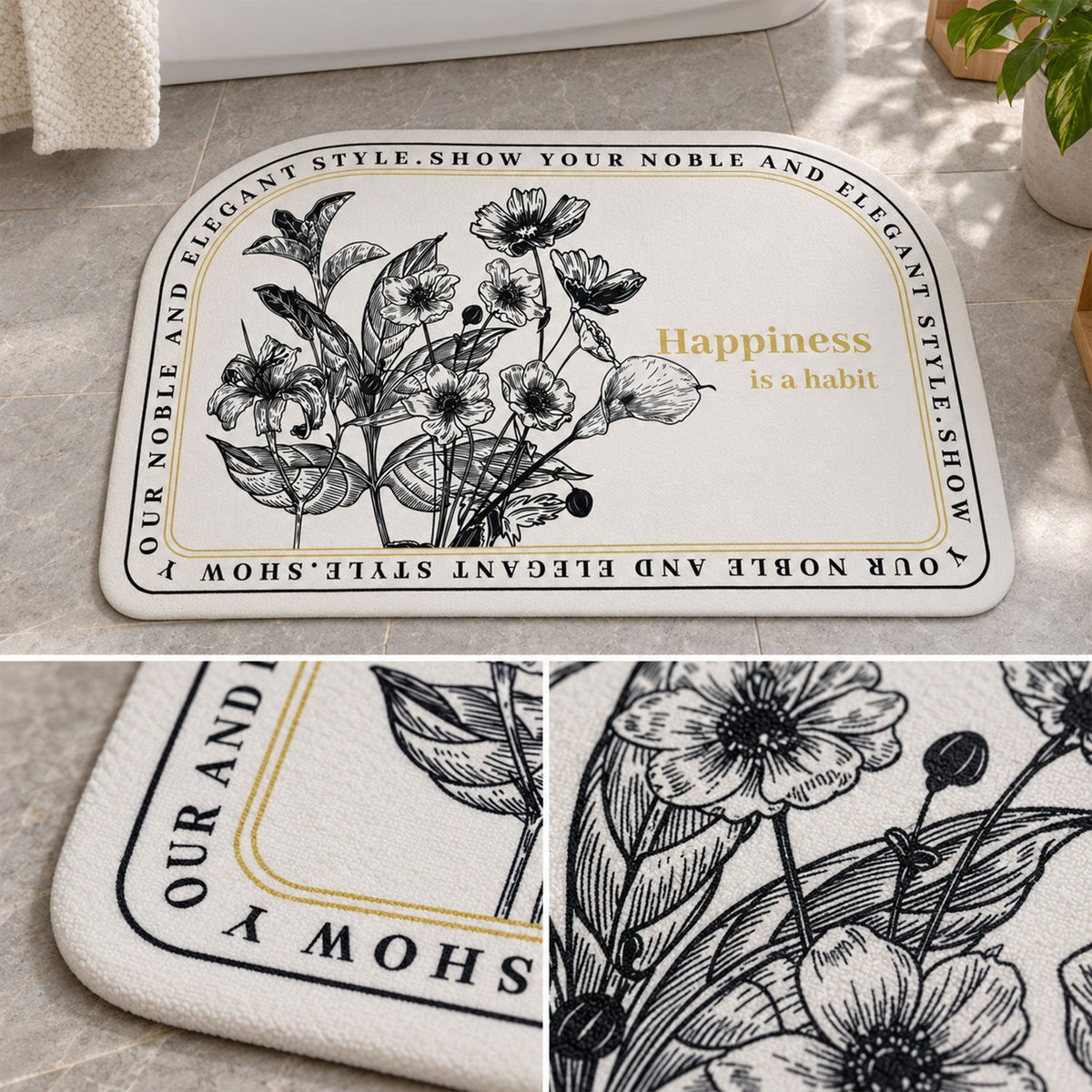 Wukusy absorbent half-round bathroom mat with botanical quote print, 50x80 cm, showcasing soft fabric and stylish design.