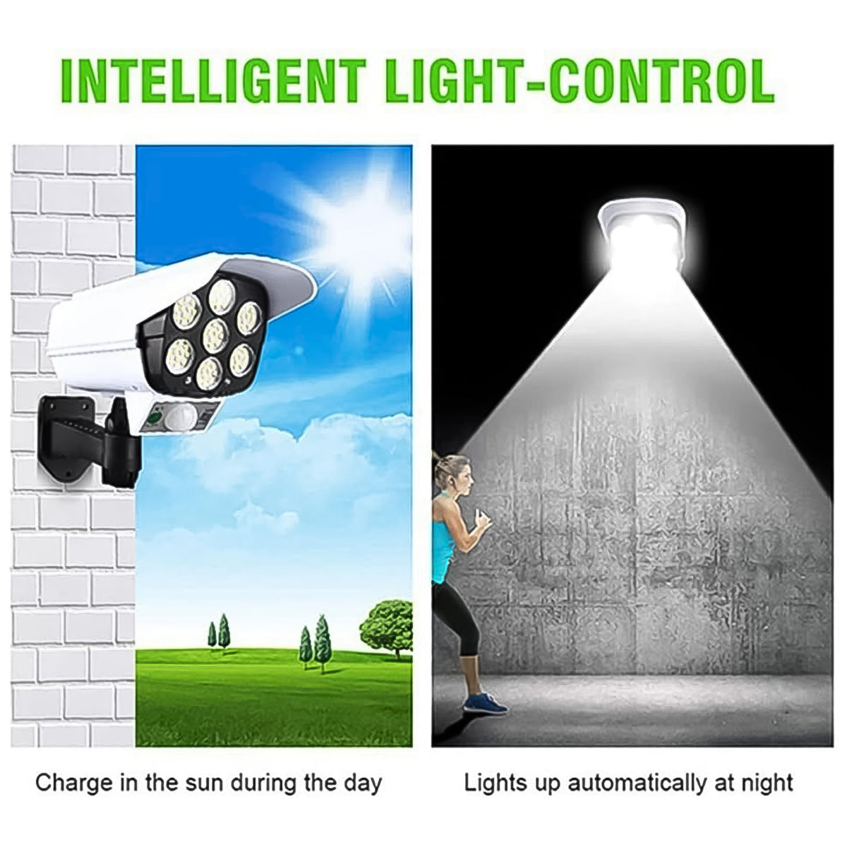 Wukusy solar outdoor motion sensor security dummy wall lamp with LED light, weather-resistant plastic, and realistic camera shape.