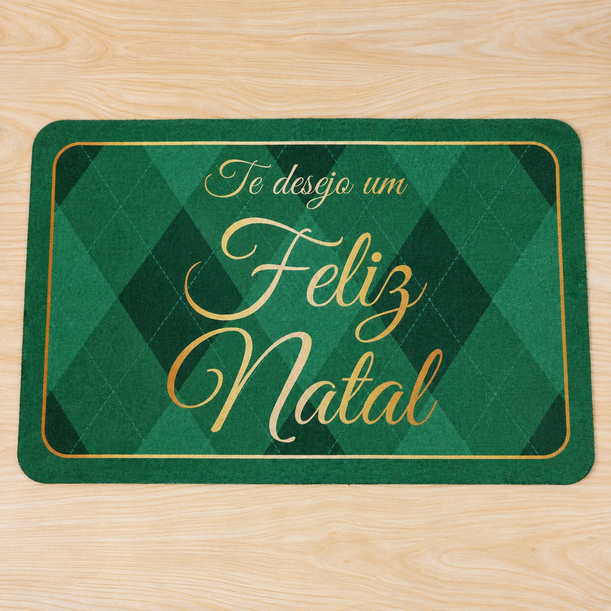 Green argyle Christmas greeting bath mat by Wukusy, 60x40 cm, absorbent door rug with festive holiday design.