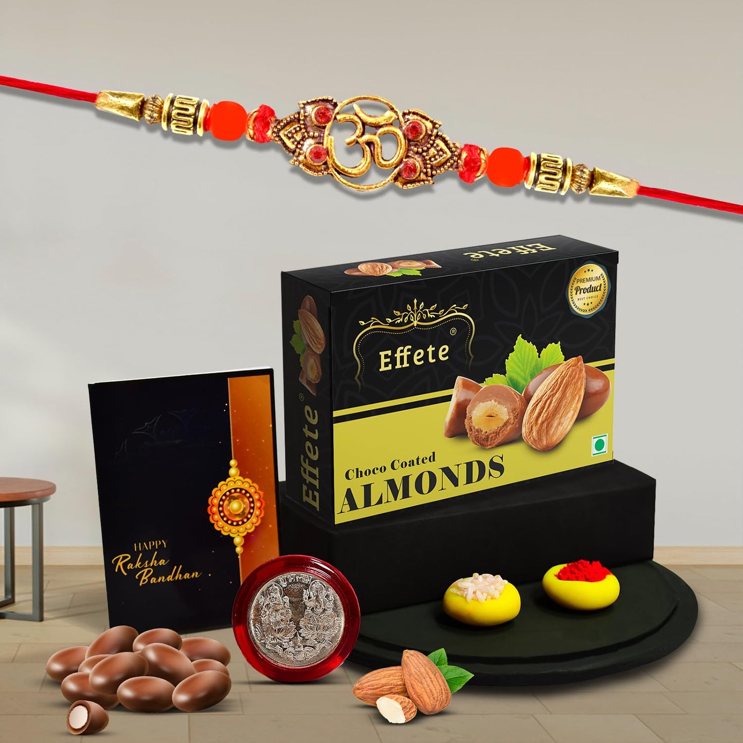 Rakhi For Brother Set Of 1 With Silver Color Pooja Coin Greeting Card (K1_546_ca32) 200 Grams