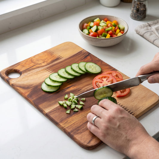 Wooden chopping and cutting board from Wukusy, 10x14 inch kitchen board with smooth surface for food prep and slicing.