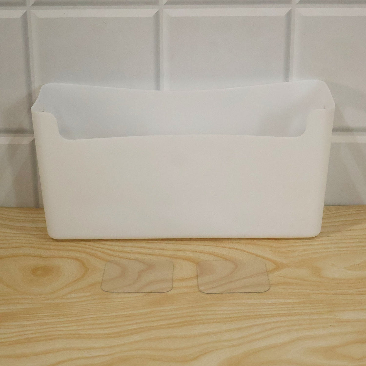 Wukusy adhesive wall mount storage box for kitchen and bathroom, showing white plastic container on tiled wall for organization.