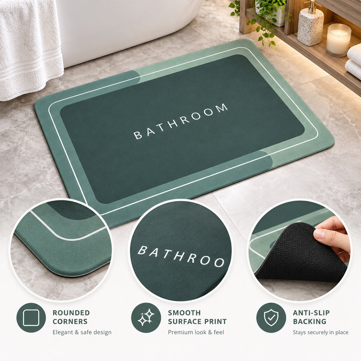 Green Wukusy super absorbent bathroom mat, 57x37 cm, quick-drying and non-slip bath mat with plush texture.
