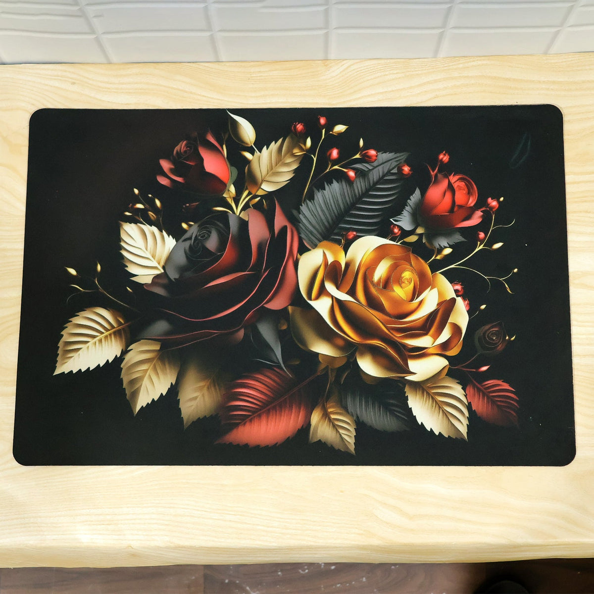 Wukusy decorative floral rose print bathroom floor mat, 58x38 cm, showcasing vibrant rose design for indoor use.