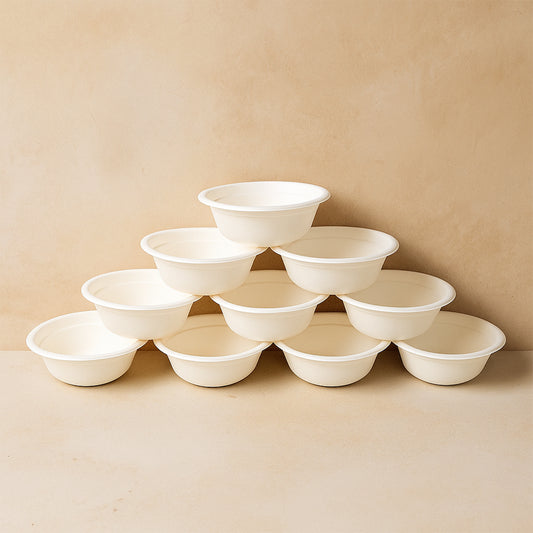 Pack of 10 Wukusy Freshee 240ml compostable bagasse bowls, eco-friendly and suitable for home and kitchen use.