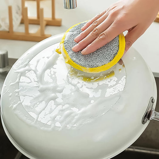 Wukusy double-sided dishwashing sponge and brush for kitchen cleaning, with scrub and soft sides for dishes and cookware.