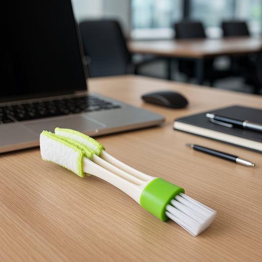 Wukusy 3-in-1 office blind, AC vent, and keyboard gap cleaner with brush and dust removal tools, designed for cleaning tight spaces.