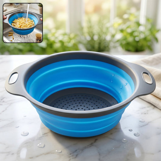 Wukusy foldable silicone kitchen strainer with handles, space-saving drainer for rinsing and draining food efficiently