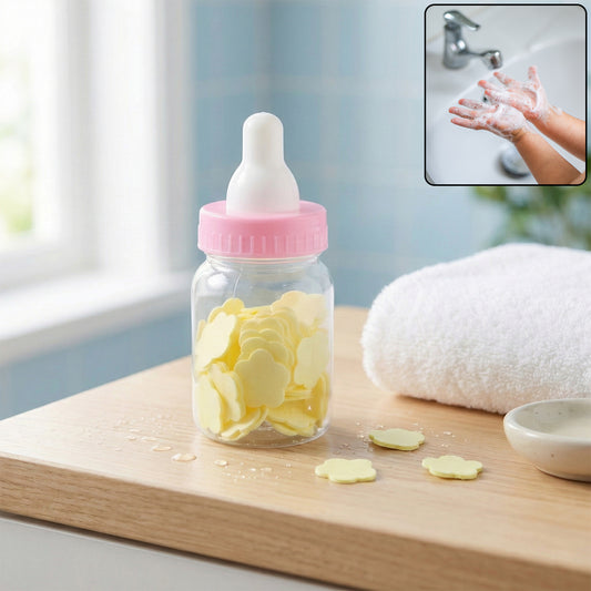Wukusy portable baby bottle-shaped hand wash soap paper sheets set, compact and convenient for gentle hand cleaning on the go.