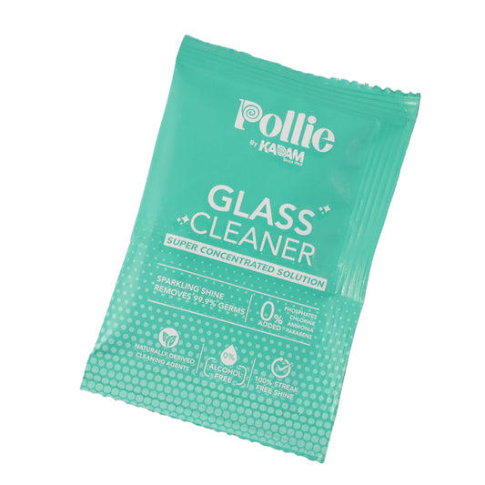 Wukusy Pollic Kadam glass mirror cleaner sachet, 15g, for home improvement, with a clean mirror surface and cleaning product packaging.