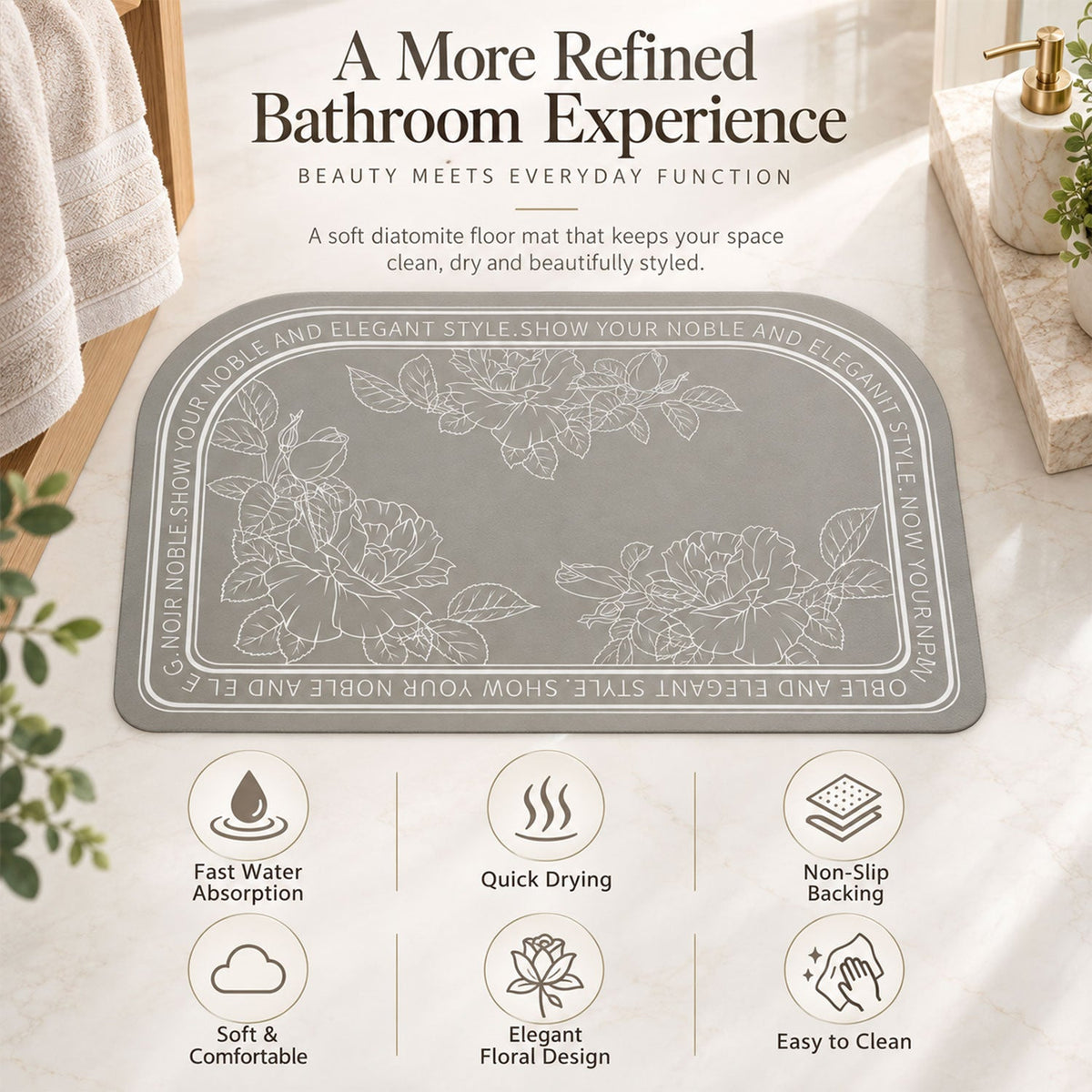 Wukusy absorbent bathroom mat with half-round floral print, quick-dry fabric, measuring 50x80 cm for bathroom decor.
