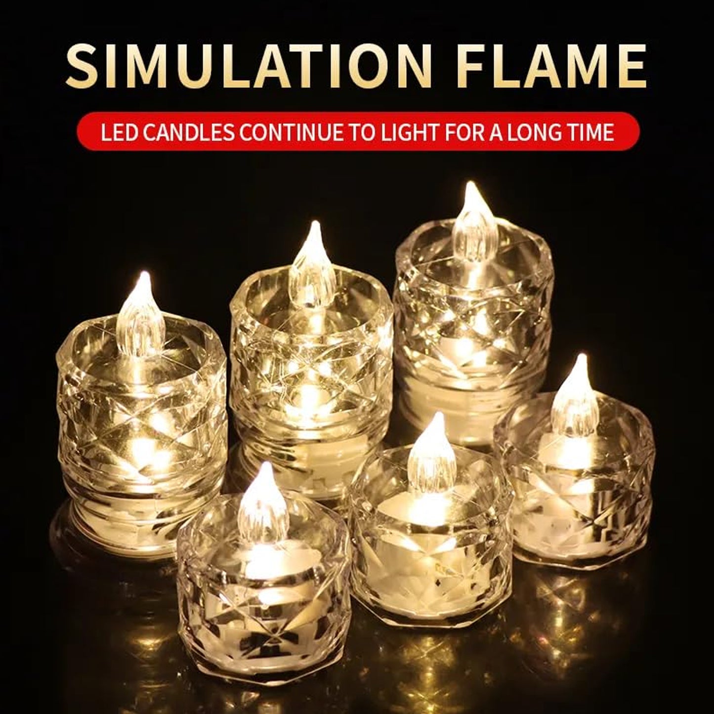 Wukusy 24-pack flameless acrylic LED tea light candles for home decor, festive occasions, Diwali, Christmas, and events.