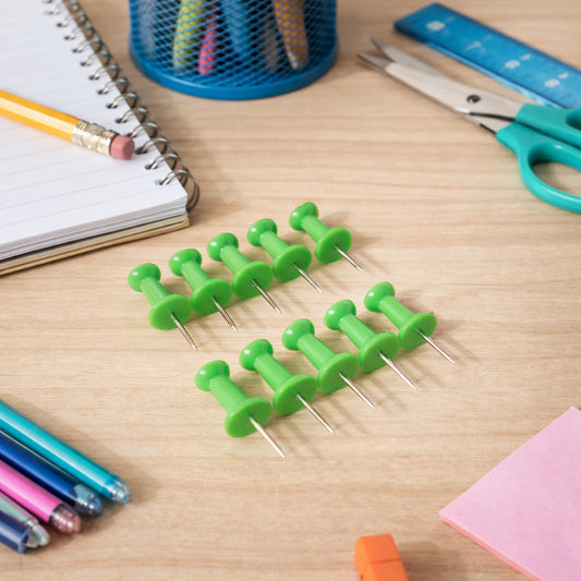 Set of 10 green plastic push pins thumb tacks for notice boards, featuring Wukusy branding and a clear view of the pins on a notice board.