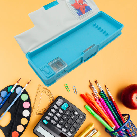 4260 Art Stationery Cartoon Multi-functional Geometry Box For Boys With Inbuilt Calculator 2 Sides Open And Double Sharpener Stationery Kit Pencil Box For Boys Art Plastic Pencil Box For Girls And Boys