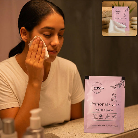 Wukusy personal care wet wipes for gentle cleansing, shown in a single plastic package with soft fabric texture.