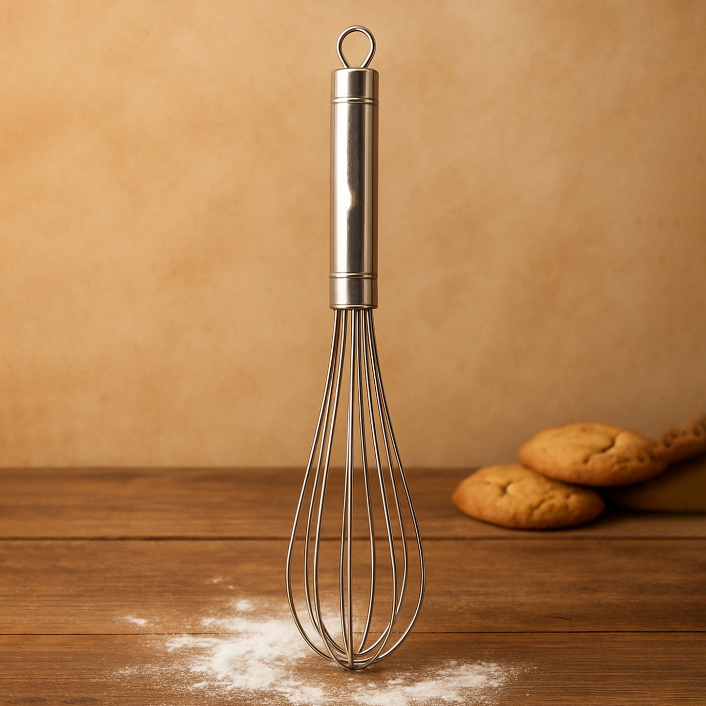 Wukusy Apex stainless steel medium hand whisk for kitchen baking and cooking, with a durable handle and 12-inch wire loops.