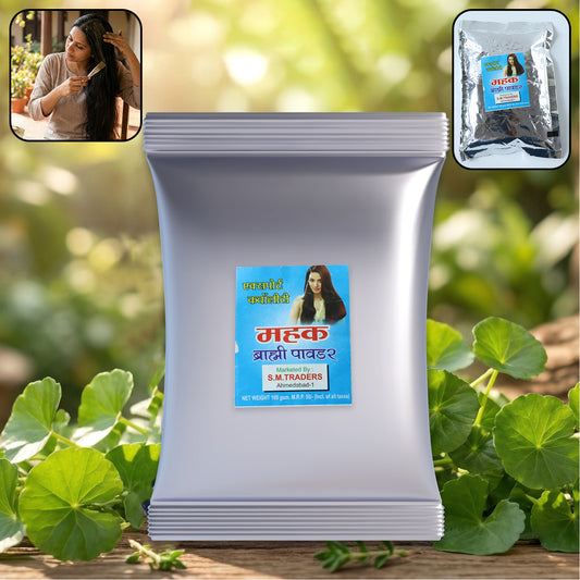 Herbal Brahmi powder in a 100g pack by Wukusy, showing fine green powder in a clear container on a white background.