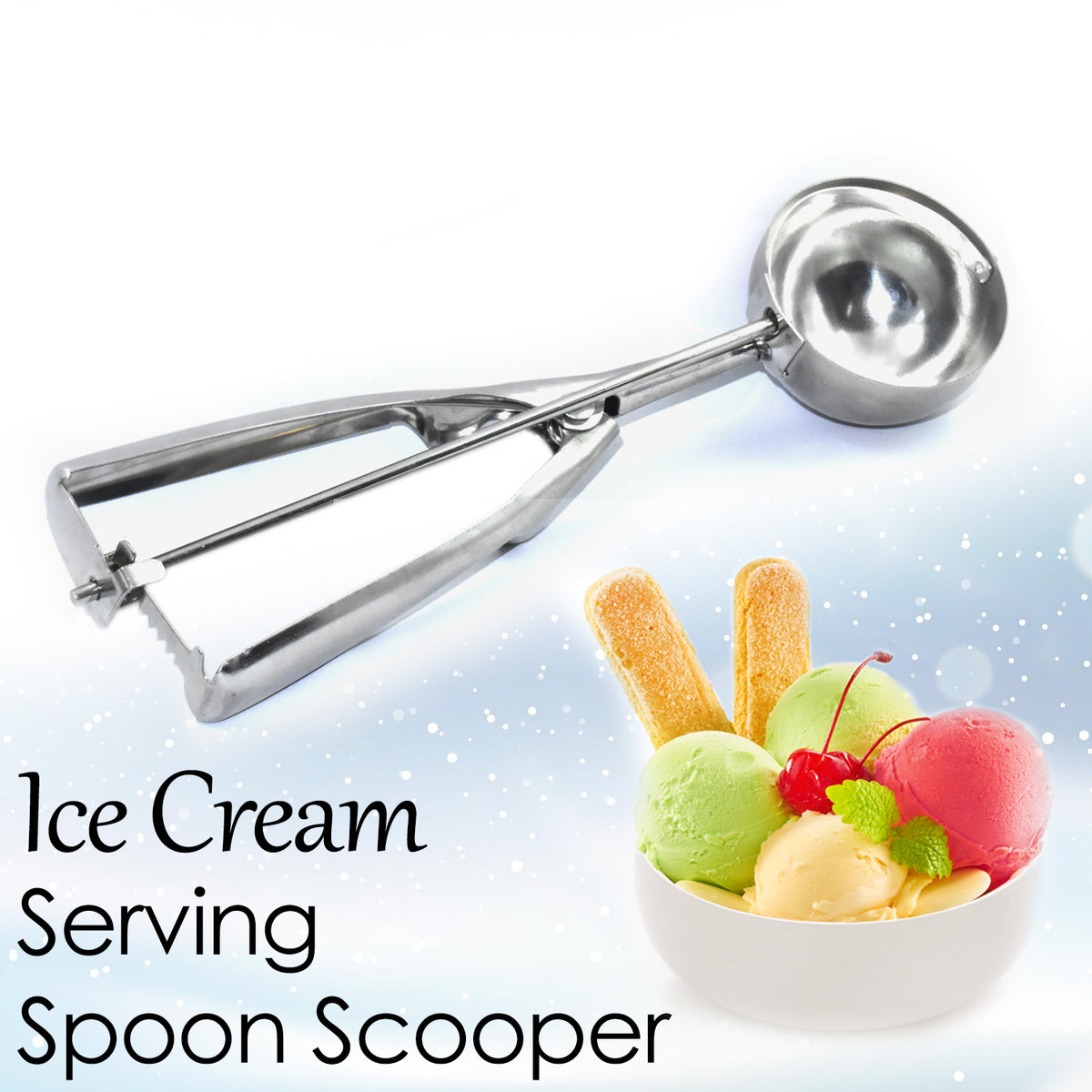 Wukusy 2408 stainless steel ice cream serving scoop with trigger release, small size, ergonomic handle and polished finish.