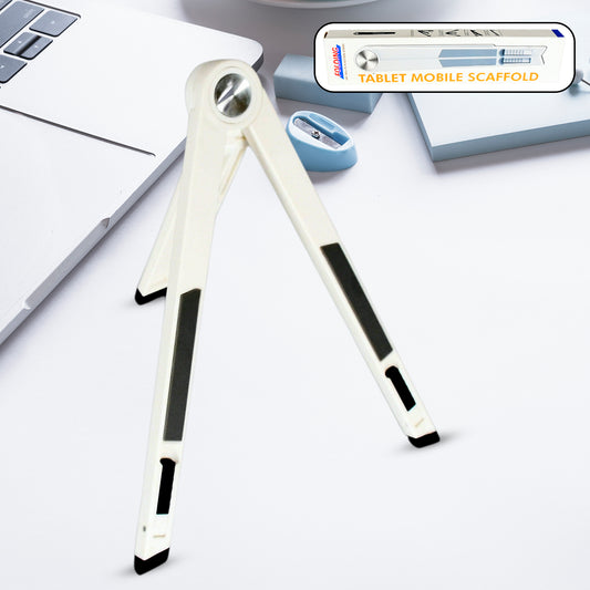 Adjustable Wukusy slim foldable tablet stand for mobile devices, displayed holding a tablet in a landscape position.