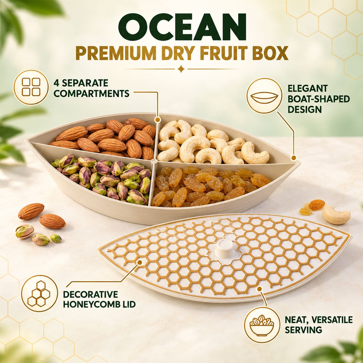 Wukusy boat-shaped dry fruit serving box with honeycomb lid featuring four compartments for snacks or dry fruits.
