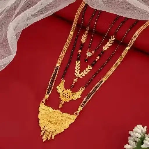 Feminine Elegant Mangalsutras | Gold-Plated Alloy with Artificial Beads, Non-Adjustable, Free Size, Set of 4